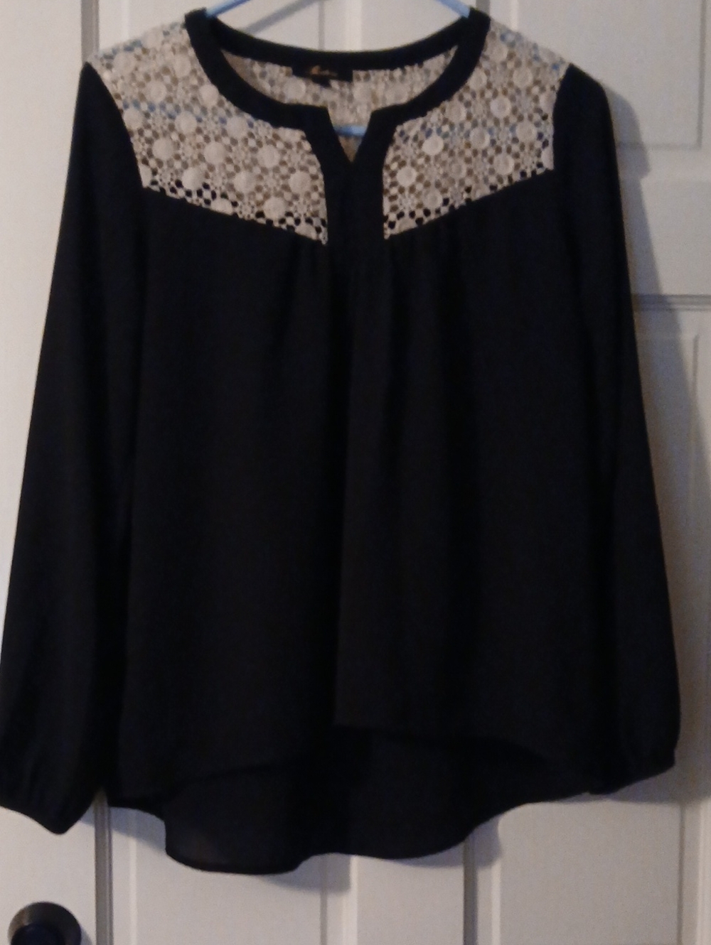 Monteau Navy Blue  Blouse with Cream Lace Yoke